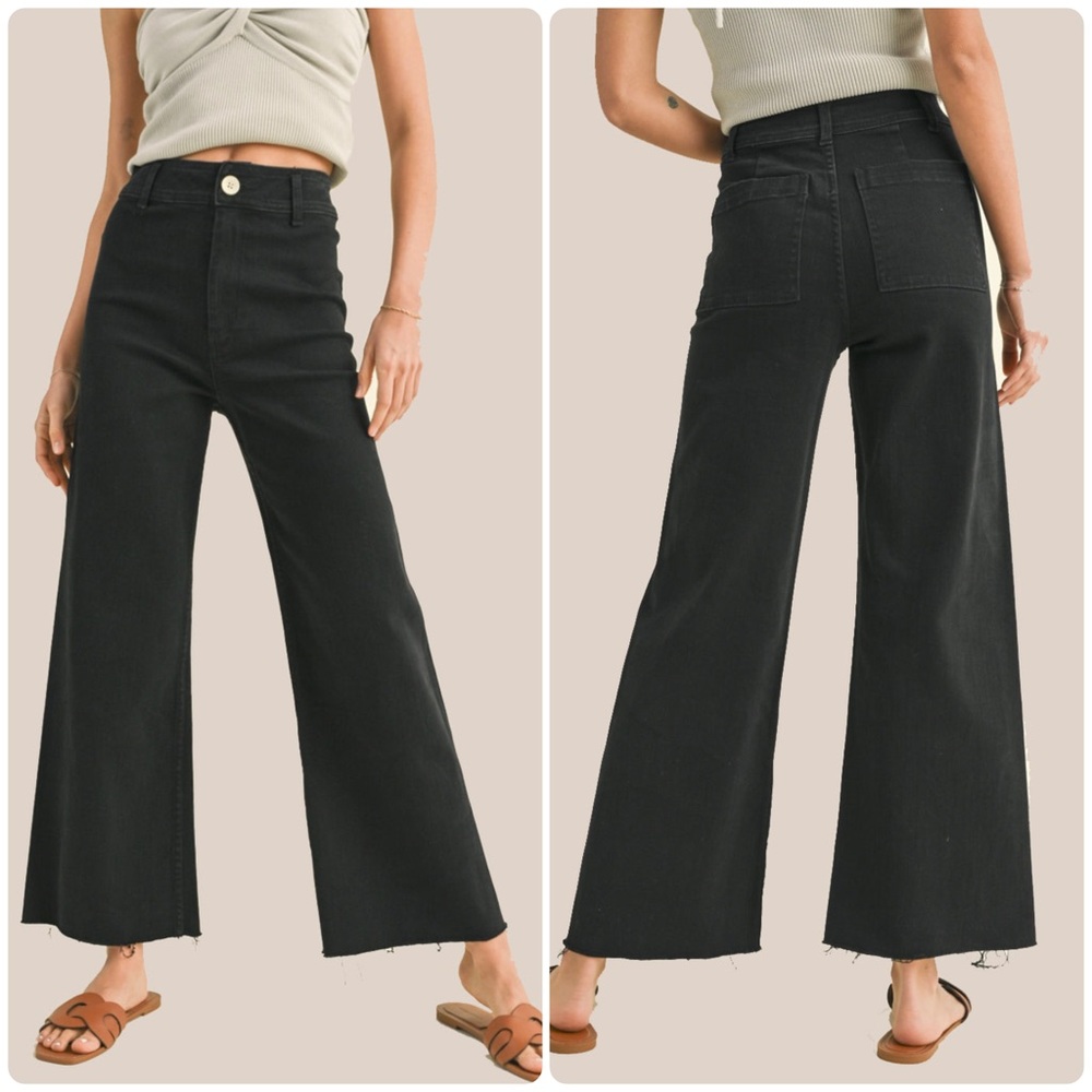 Miou Muse Straight Wide Leg High Waisted Denim Jeans Stretch Faded Black Med W28